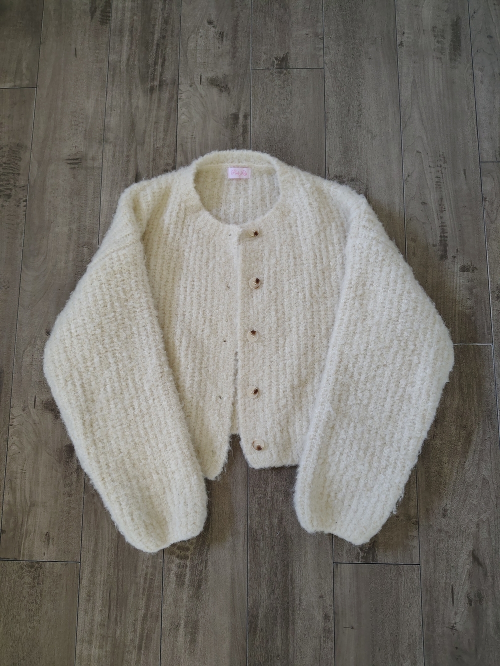 Pink Lily Cream Bouclé Button-Front Sweater Cardigan